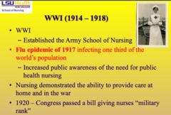 <p>- WWI led to the establishment of the Army School of Nursing</p><p>- Flu epidemic of 1917 infected ⅓ of the world's population</p><p>- Showed the need for public health nursing</p><p>- Nurses proved they could provide care both at home and in war</p><p>- In 1920, Congress gave nurses "military rank"</p>