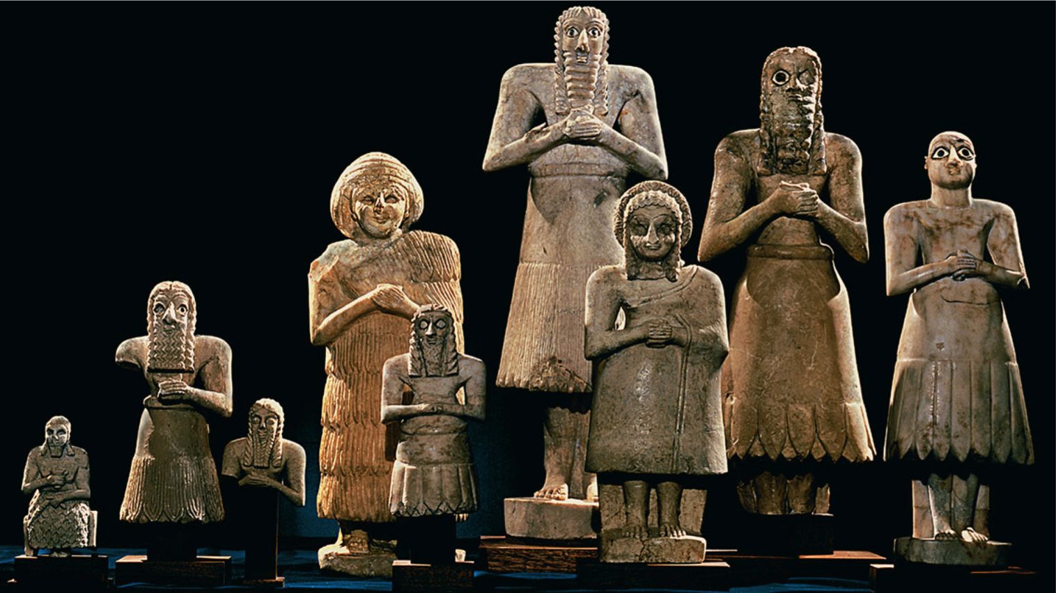 <p><span>The archaeological site of a group of sculptures made of limestone, gypsum, and alabaster. They were first made 500 years after the Uruk head carving. Some are recognized as Abu, god of vegetation, and his consort. Due to their dress, others could likely represent priests. The eyes are thought to be atropaic devices</span></p>