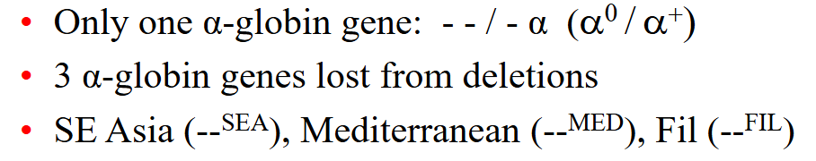 <ul><li><p><span style="font-size: calc(var(--scale-factor)*30.02px);">Only one α-globin gene: - - / - α (a^0/a</span><span style="font-size: calc(var(--scale-factor)*21.36px);">+</span><span style="font-size: calc(var(--scale-factor)*32.06px);">)</span></p></li><li><p><span style="font-size: calc(var(--scale-factor)*30.00px);">3 α-globin genes lost from deletions</span></p></li><li><p><span style="font-size: calc(var(--scale-factor)*30.00px);">SE Asia (--</span><span style="font-size: calc(var(--scale-factor)*20.04px);">SEA</span><span style="font-size: calc(var(--scale-factor)*30.00px);">), Mediterranean (--</span><span style="font-size: calc(var(--scale-factor)*20.04px);">MED</span><span style="font-size: calc(var(--scale-factor)*30.00px);">), Fil (--</span><span style="font-size: calc(var(--scale-factor)*20.04px);">FIL</span><span style="font-size: calc(var(--scale-factor)*30.00px);">)</span></p></li><li><p><span style="font-size: calc(var(--scale-factor)*30.00px);">Clinically: thalassaemia intermedia:</span></p><ul><li><p><span style="font-size: calc(var(--scale-factor)*26.04px);">Moderately severe: Hb 60 - 100 g/L</span></p></li><li><p><span style="font-size: calc(var(--scale-factor)*26.06px);">Symptomatic when “stressed”</span></p></li><li><p><span style="font-size: calc(var(--scale-factor)*26.04px);">Chronic haemolytic anaemia: erythroid hyperplasia</span></p></li><li><p><span style="font-size: calc(var(--scale-factor)*26.04px);">Splenomegaly; cholelithiasis; leg ulcers</span></p></li><li><p><span style="font-size: calc(var(--scale-factor)*26.06px);">Splenectomy</span></p></li><li><p><span style="font-size: calc(var(--scale-factor)*26.04px);">Pregnancy: can have symptomatic anaemia</span></p><p></p></li></ul></li></ul><p></p>
