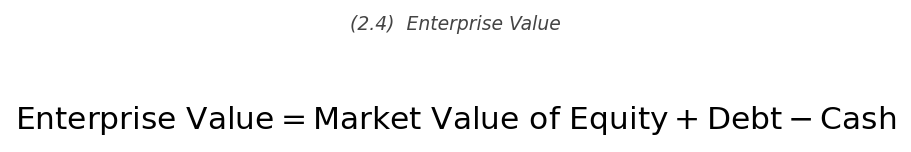 <p>\text{EV} = \text{Market Value of Equity} + \text{Debt} - \text{Cash}</p>