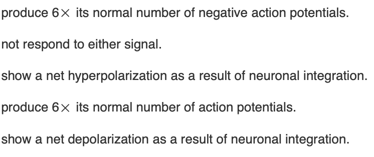<p>You have added a specific amount of excitatory neurotransmitter mixed with a 6<span style="line-height: normal;">Ć</span> higher concentration of an inhibitory neurotransmitter to a synaptic cleft. You expect that the postsynaptic neuron will</p>