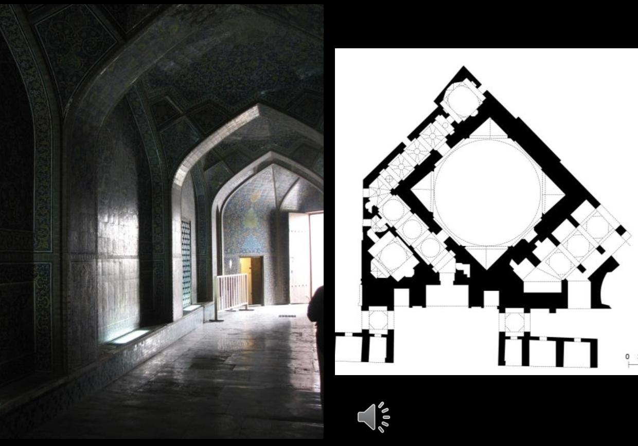 <p>Lutfullah Mosque, Isfahan, 17th century, Safavid </p><ul><li><p>first monumental addition to the maydan in Isfahan </p></li><li><p>used as shah’s private chapel (bc of this, there is no mineret or courtyard since it’s not congregational)</p></li><li><p>maqsura = private building for shah </p></li><li><p>tile work (blue) from Timurid legacy </p></li><li><p>skewed facade </p></li><li><p>low dome </p></li><li><p>light filtered through screened window which is ornamental on exterior </p></li></ul><p></p>