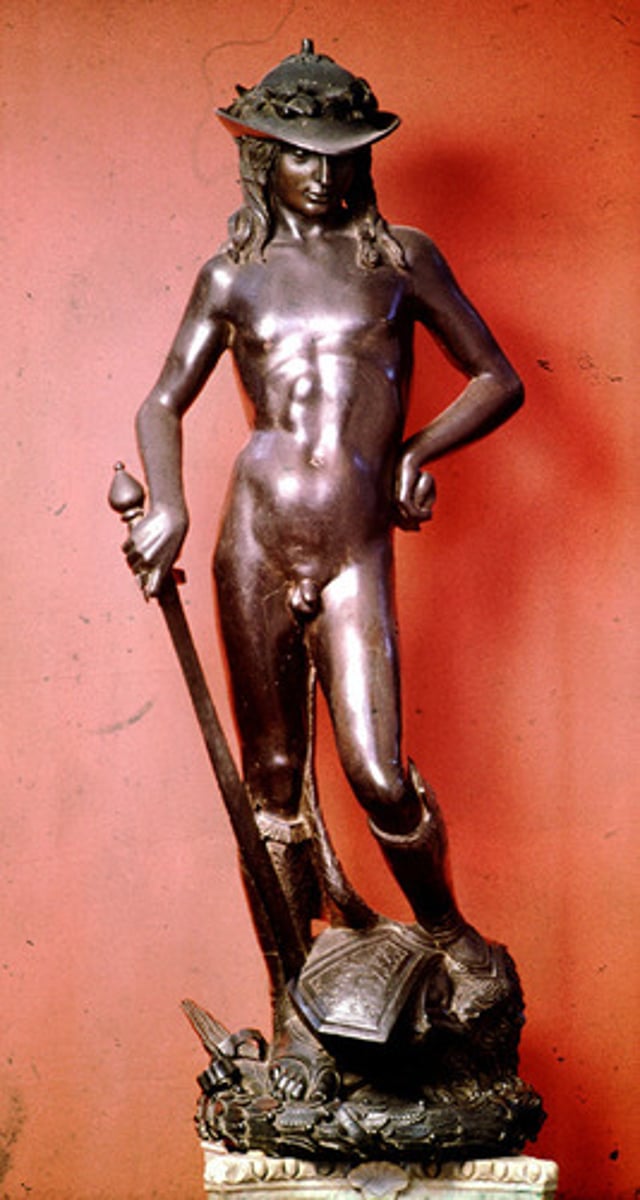 <p>defeats the great warrior Goliath &amp; defeats him with his slingshot and a stone</p><p>- 1st freestanding sculpture (bronze)</p><p>- contrapposto pose</p><p>- courtyard of Medici Palace (1440)</p><p>- used as symbol to show civic pride (because he was a underdog that defeated a great warrior)</p>
