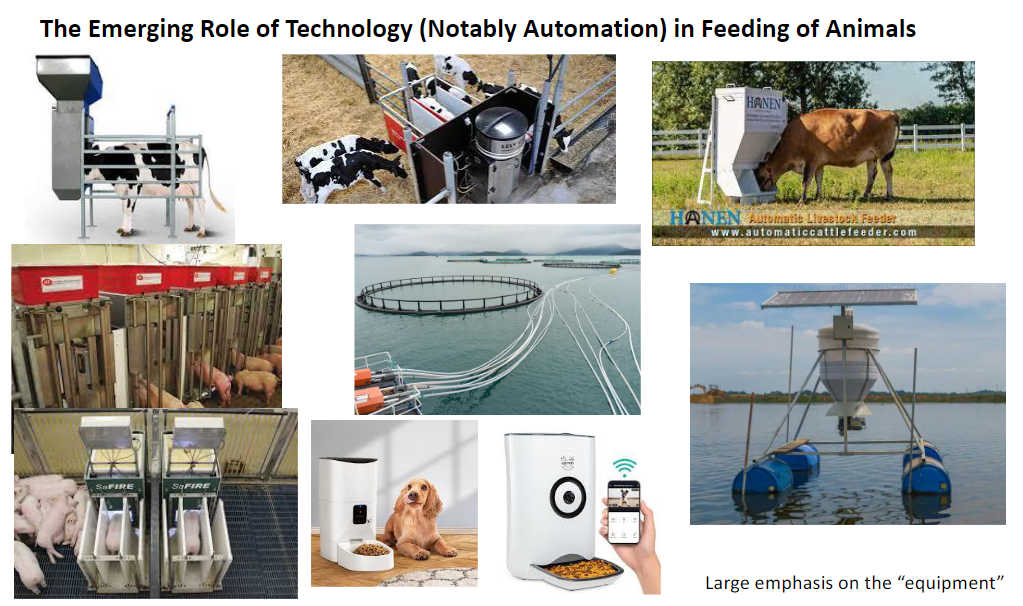 <p><strong>Emerging Role of Technology</strong></p><ul><li><p><strong>Technology</strong> is playing an emerging role in the <strong>feeding of animals</strong></p></li><li><p>Notably, <strong>automation</strong> is becoming important in animal feeding</p></li></ul><p><strong>Large Emphasis on “Equipment”</strong></p><ul><li><p>Large emphasis is placed on the <strong>“equipment”</strong> used for feeding</p></li><li><p><strong>Automation + equipment</strong> are important parts of modern animal feeding systems</p></li></ul><p></p>