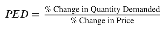 <p>PED= (percent change in quantity demanded)/(percent change in price)</p>