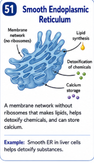 <p>A membrane network has no ribosomes.          makes lipids, helps detoxify chemicals , and can store calcium. </p>