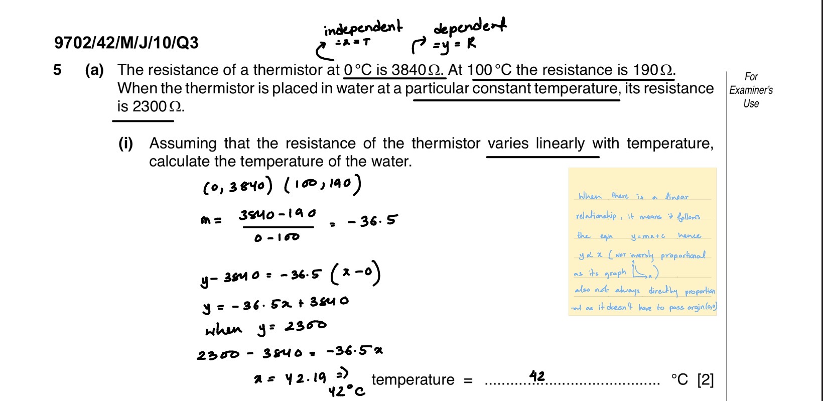 <p>For example, the relationship between the resistance of the thermistor and temperature:</p><p>(<span style="color: yellow;"><span>note that the </span><u><span>thermodynamic scale</span></u><span> does not depend on property of a substance so change in resistance of thermistor with temperature is non-linear)</span></span></p>