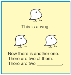 <p>showed a novel object (‘wug’) to children + instructed children to finish the sentence with correct morphemic structure → tests their ability to pick up on productive patterns</p>