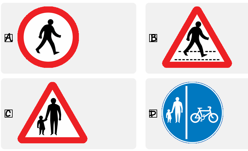 <p>Which sign means that there may be people walking along the road?</p>