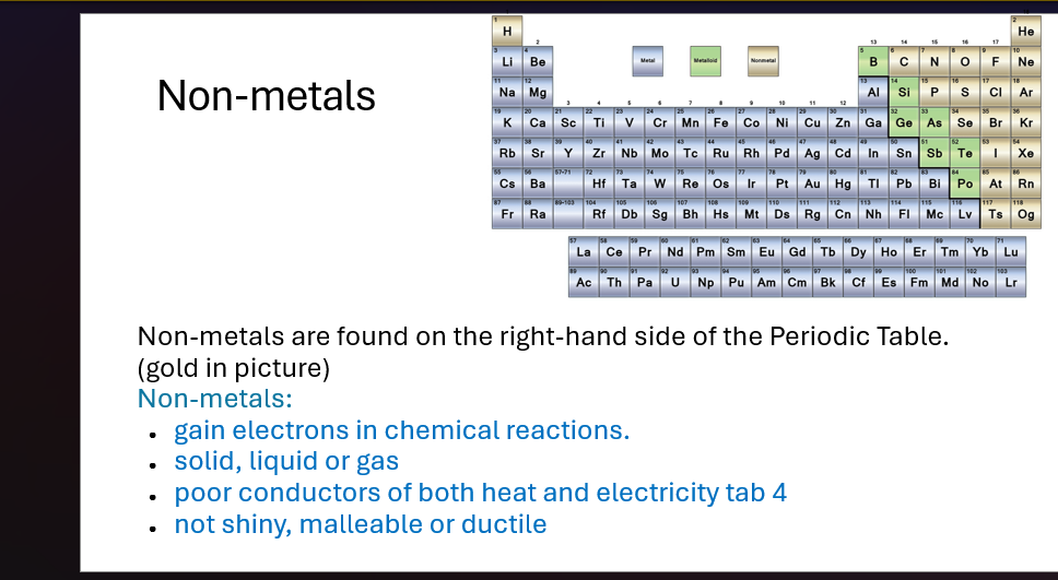 <p><span>Metals: elements which lose VE easily.</span></p><p><span>●good conductors of electricity and heat.</span></p><p><span>●shiny</span></p><p><span>●ductile (they can be drawn into thin wires).</span></p><p><span>●malleable (they can be easily hammered into very thin sheets)</span></p>