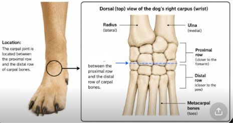<p>This is found b/t the proximal row and the distal row of carpal bones </p>