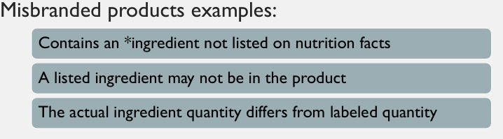 <p>-It is very common </p><p>-lack of correlation between ingredient claims and actual contents </p><p>-Prohibited substances may be found in misbranded products, </p><p>and if in competitive sports, may lead to doping violations</p>