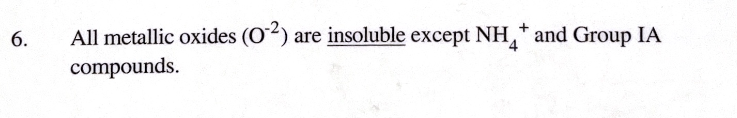 <p>Insoluble except for <strong>NH</strong><span><strong>4+</strong></span><strong></strong><span> and </span><strong>Group IA</strong><span> compounds (Rule 6).</span></p>