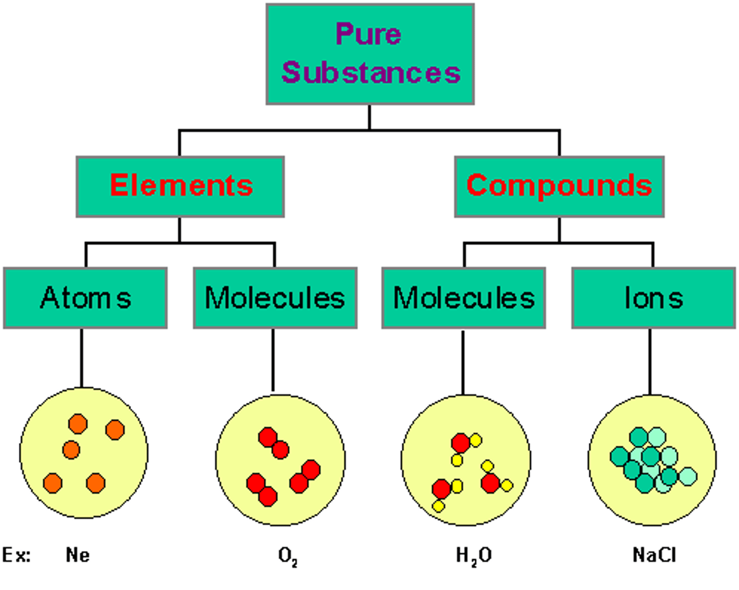 <p>Forms of matter that have identifiable physical or chemical properties.</p>