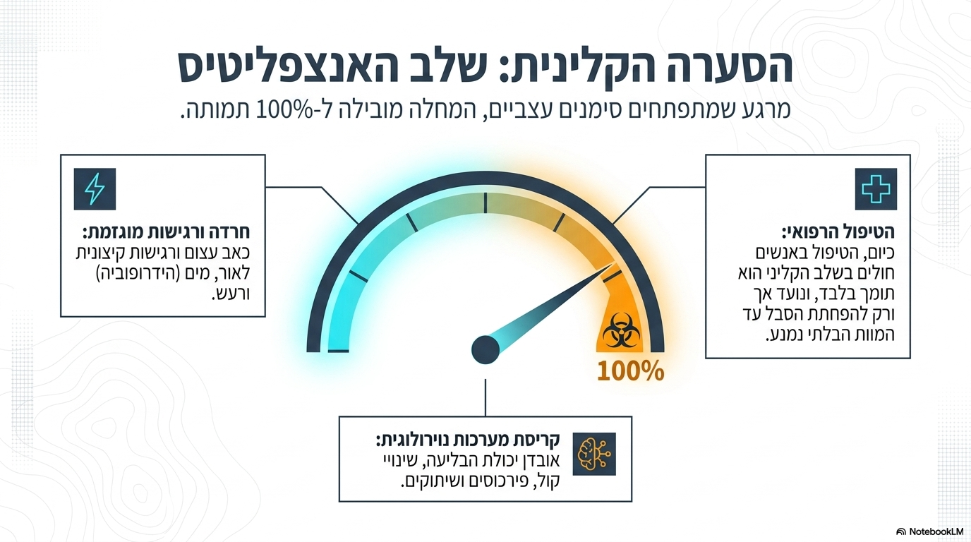 <p><span>המחלה מופיעה רק בשלב המוחי והמדביק (בכל גיל) ומאופיינת בסימנים הבאים:</span></p><ul><li><p><strong>שינויי התנהגות:</strong> חרדה, נשיכות, גלי דעיכה, עצבנות וגלי תוקפנות.</p></li><li><p><strong>סימנים פיזיולוגיים בולטים:</strong> ריור רב (עקב אובדן יכולת הבליעה), פירכוסים, שיתוקים, כאבים קשים ושינויי קול.</p></li><li><p><strong>רגישות מוגזמת (היפר-אסתזיה):</strong> רגישות קיצונית לרעש, כאב, אור ומים.</p></li><li><p><em>הערה קלינית (לגבי המטופל האנושי באיור):</em> באנשים חולים הטיפול הוא תמיכתי בלבד ומטרתו הורדת הסבל עד למוות הבלתי נמנע</p></li></ul><p></p>