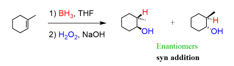 <p>(Hydroboration oxidation) anti-Markovnikov OH, anti-periplanar to opposite C; racemic</p>