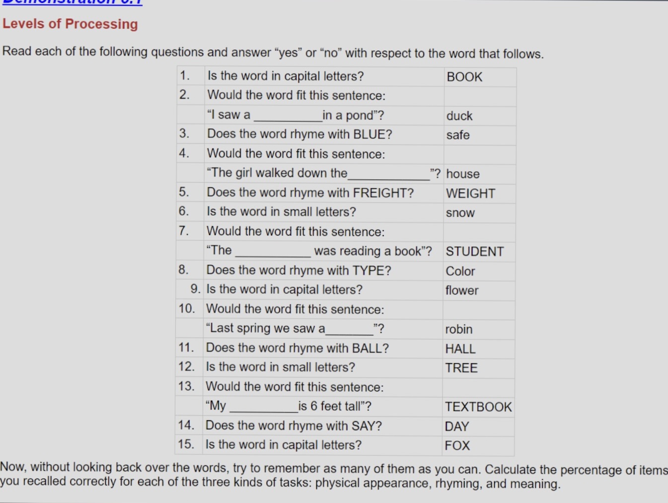 <p>deeper levels of processing should produce better recall</p><p>meaning vs physical appearance </p><p>distinctiveness </p><p>elaboration</p><p>deep processing also enhances memory for faces</p><ul><li><p>from most to least likely to remember: meaning, rhyming, appearance</p></li></ul><p></p>