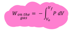 <p>The work W done on a gas as its volume changes from some initial value Vᵢ, to some final value V𝒻 is given by:</p><p>Wₒₙ ₜₕₑ 𝓰ₐₛ = PIC</p><p>where P = the pressure in the gas which may vary during the process.</p><p>Compression work done on the gas (W > 0).</p><p>Expansion work done by the system (W < 0).</p><p>The work done on the gas is equal to the:</p><p> a) (- area ) under the PV curve if the gas expands, or</p><p> b) ( + area ) under the PV curve if the gas contracts.</p>