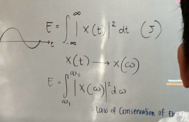 <ul><li><p>Total energy of a signal is the same whether you calculate it in the time domain or in the frequency domain</p></li><li><p>Energy in time domain = Energy in frequency domain</p></li></ul><p></p>