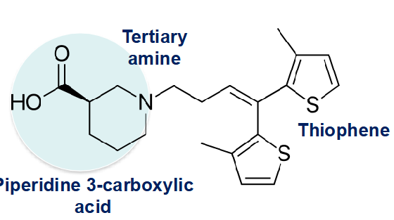 <p>piperdine, carboxylic acid, thiophene, 3* amine</p>