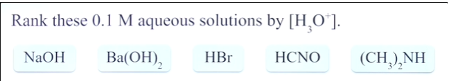 <ol><li><p>ID if it’s a strong acid or base. If it starts with a H it’s an acid.</p></li><li><p>ID if it’s a strong base,</p></li><li><p>Write out the equation with your molecule reacting with water, that will make it make more sense, </p></li><li><p>When you write out the bases, the ones that produce the MOST hydoxide (OH) will produce the least hydronium (H3O ions)</p></li><li><p>A weak base > strong base for producing H3O</p></li></ol><p></p><p>Most Hydronium</p><p>Strong acid > Weak acid > weak base > strong base (with less moles) > strong base (with more moles, i.e (OH)2)</p><p></p><p></p>