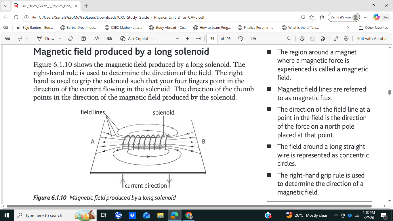 <p>B = μ₀nI</p><p>where n = number of turns per unit length N/L</p><p>μ₀ = permeability of free space /Hm<sup>-1</sup></p><p>I = current/A</p><p>r = perperdicular distance from conductor/m</p>