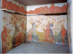 <p>Aegean muralists painted in wet fresco, which required rapid execution; in this wraparound landscape, the painter used vivid colors and undulating lines to capture the essence of nature</p>