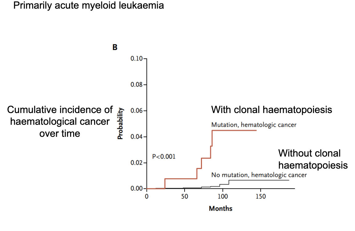 <ul><li><p><strong>Clonal haematopoiesis:</strong> presence of blood cell clones with somatic mutations</p></li><li><p>Associated with <strong>increased risk of haematological cancers</strong> (especially AML)</p></li><li><p>Individuals <strong>with clonal haematopoiesis</strong> have:</p><ul><li><p>Higher cumulative incidence of cancer over time</p></li><li><p>Significantly greater risk (<strong>p < 0.001</strong>)</p></li></ul></li><li><p>Individuals <strong>without mutations</strong> have much lower risk</p></li><li><p>Key idea: early mutations in blood cells can <strong>predispose to later cancer development</strong></p></li></ul><p></p>