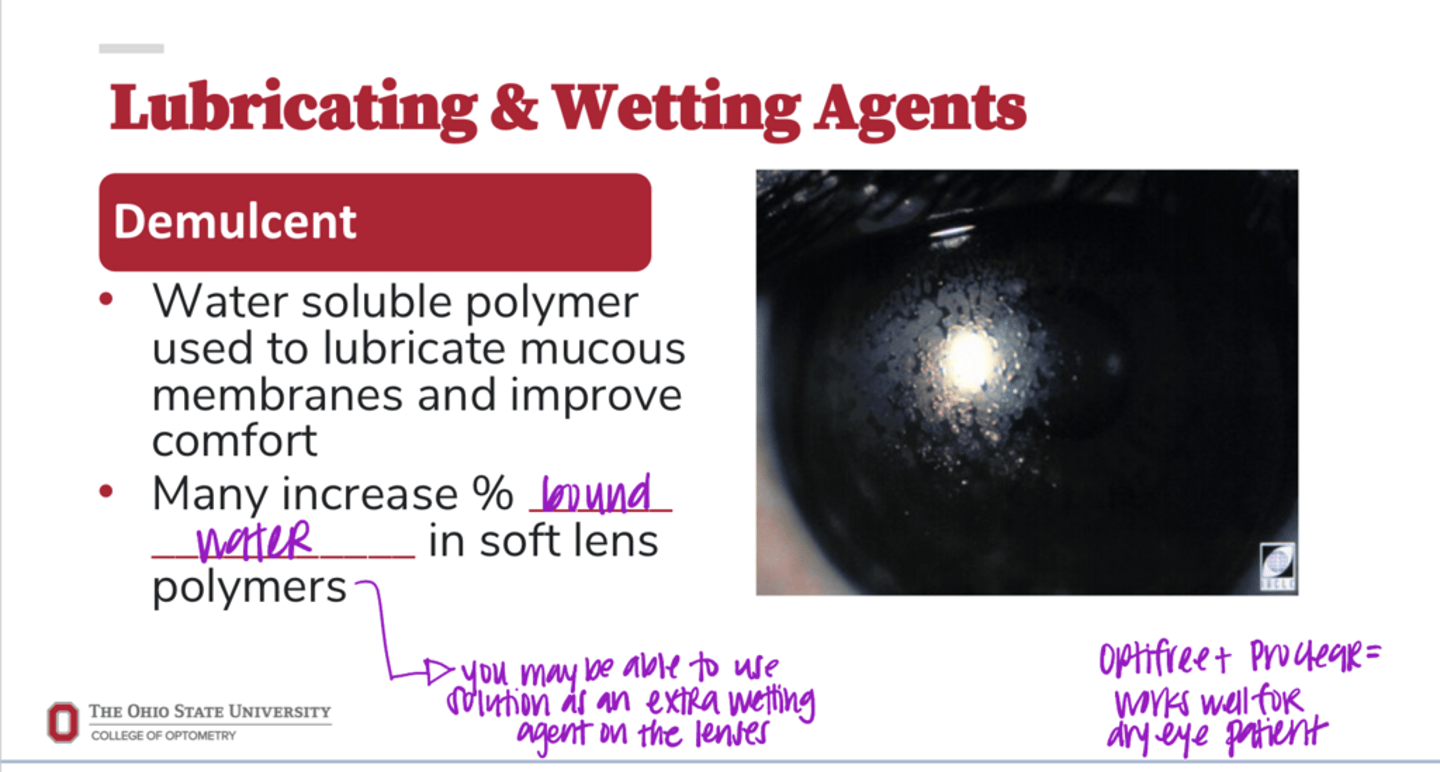 <p>Many demulcents increase % of _________ in soft lens polymers</p>