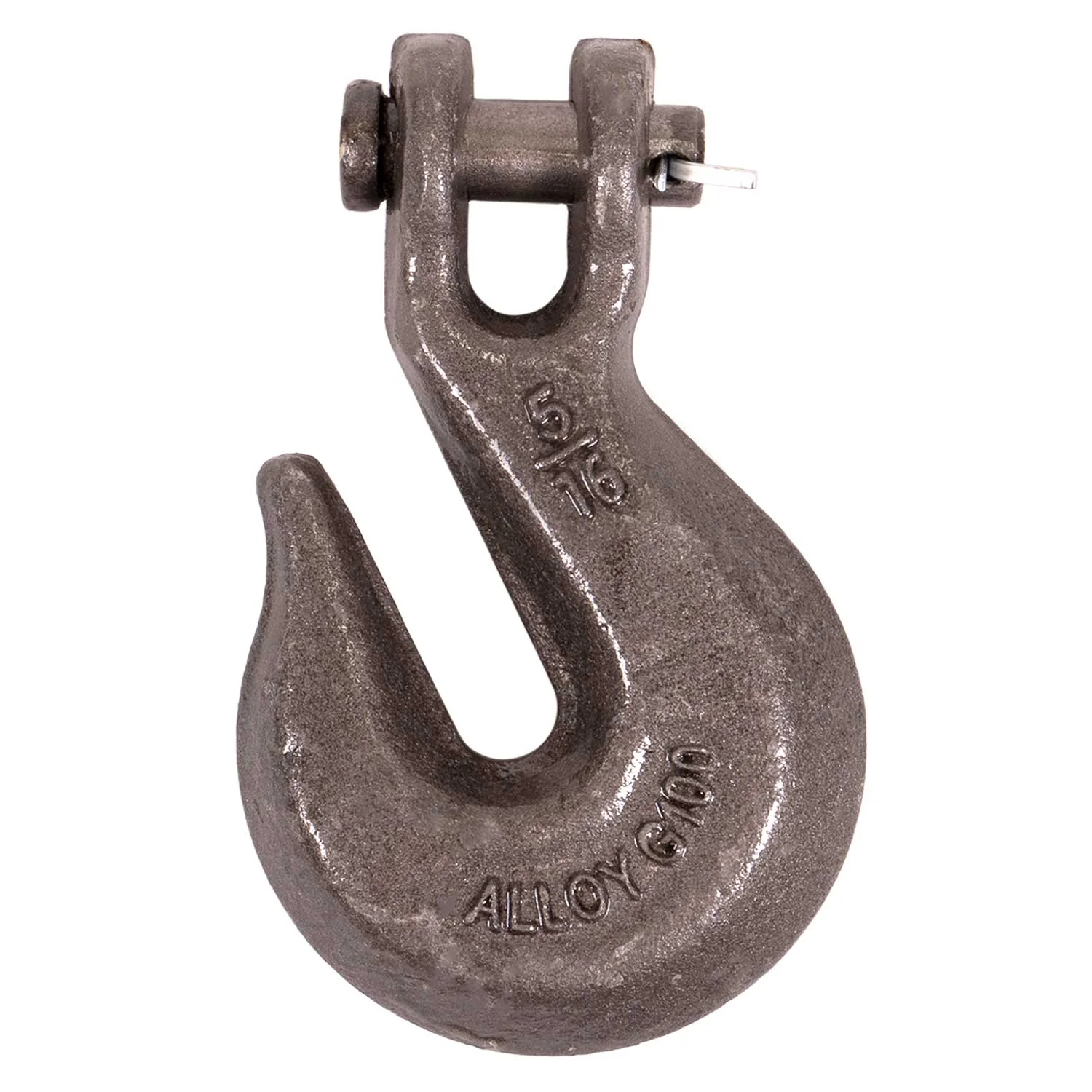 <p>Forged steel hook with a deep curved throat and narrow opening designed to catch a single chain link, holding securely under tension when tightened.</p>