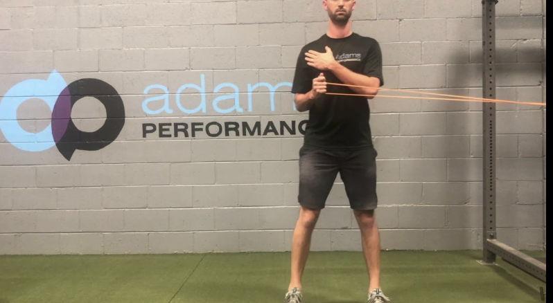 <p>isometric external rotation hold @ ancore while stepping to the side</p>