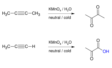 <ul><li><p>Adds <span style="color: yellow;"><strong>O and O</strong></span> to make <span style="color: yellow;"><strong>two carbonyls</strong></span> (ketones usually)</p></li><li><p>*Forms vicinal</p><p>carbonyls</p><p><strong>*further oxidizes terminal</strong></p><p><strong>alkynes to </strong><span style="color: yellow;"><strong>form</strong></span></p><p><span style="color: yellow;"><strong>carboxylic acid</strong></span><strong>.</strong></p></li></ul><p></p>