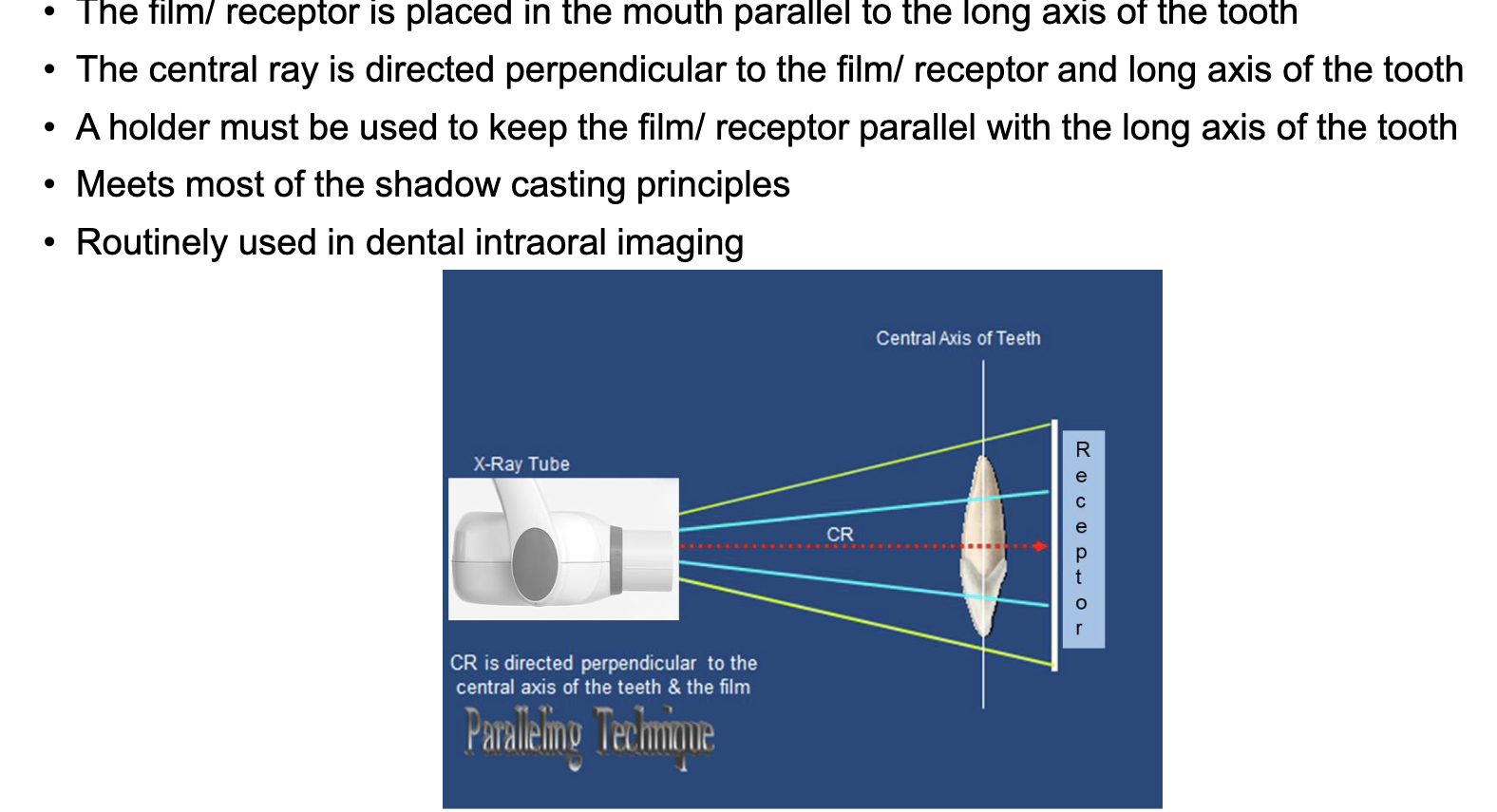 <p>This is the standard technique in dentistry </p><p><strong><u>Advantages: </u></strong></p><p><strong>-Accuracy: </strong></p><ul><li><p>Minimal distortion + exhibits max detail and definition </p></li><li><p>Dimensionally as close as possible to actual tooth</p></li><li><p>No foreshortening/elongation errors seen</p></li></ul><p><strong>-Simplicity: </strong></p><ul><li><p>Simple + easy to use</p></li><li><p>Easier beam alignment</p></li></ul><p><strong>-Duplications:</strong></p><ul><li><p>Can accurately be duplicated or repeated</p></li></ul><p></p><p><strong><u>Disadvantages:</u></strong></p><p><strong>-Difficult placement:</strong></p><ul><li><p>Small mouth</p></li><li><p>Tori</p></li><li><p>Gag reflex</p></li><li><p>Shallow palate or floor of the mouth </p></li><li><p>Children</p></li></ul><p><strong>-Magnification:</strong></p><ul><li><p>Slight magnification occurs due to increase object to film/ receptor distance- OFD</p></li></ul><p></p>
