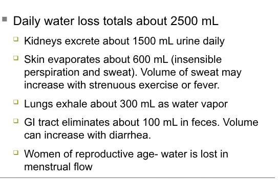 <p>fluid output adjusted by antidiuretic hormone, atrial natriuretic peptide, angiotensin ll and aldosterone, </p><p>control Na and Cl: angiotensin ll, aldosterone, ANP</p><p>control water loss: ADH</p>