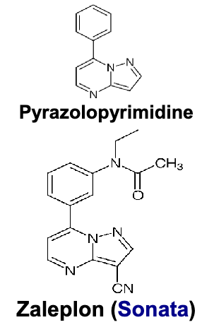 <ul><li><p>pharmacophore: pyrazolopyrimidine?</p><ul><li><p>pyrazolo-pyrimidine heterocycle ring</p></li><li><p>cyano group(CN) on pyrazole ring</p></li><li><p>N-ethylacetamide group on upper benzene ring</p></li></ul></li><li><p>subtype selectivity</p><ul><li><p>alpha 1» alpha 2=alpha 3</p></li></ul></li></ul><p></p>