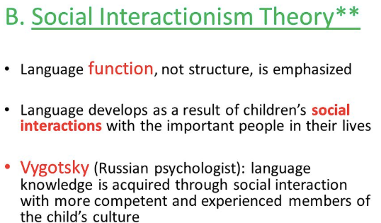 <p><span>The </span><span style="color: mediumseagreen !important;"><strong>social interactionist theory</strong></span><span> of language states that language acquisition is&nbsp;</span><strong>caused by a&nbsp;motivation to communicate</strong><span>&nbsp;and interact&nbsp;with&nbsp;others</span></p>