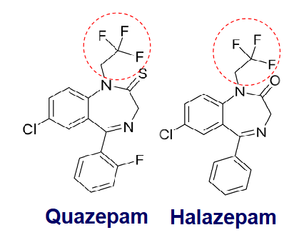 <p>halazepam, quazepam (contains triflouryl)</p>