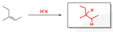 <p>HX, Markovnikov, neither stereoselective, carbocation rearrangement</p>