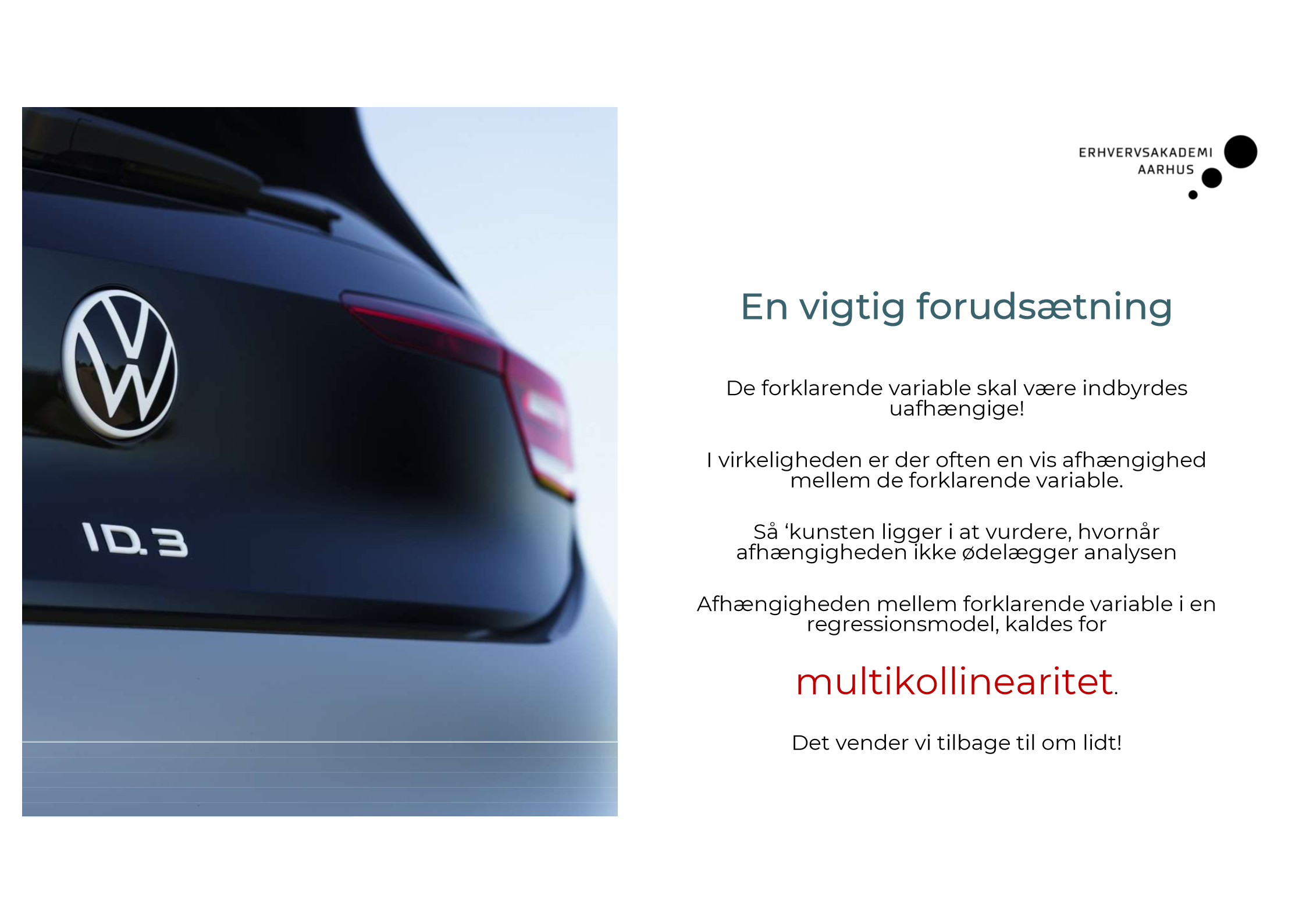 <p>Multikollinearitet betyder, at to eller flere forklarende variable i en regression hænger for meget sammen.</p><p><strong>I vores filmopgave:</strong><br>Hvis vi bruger både:</p><ul><li><p><code>Premiereår</code></p></li><li><p><code>Antal film pr. år</code></p></li></ul><p>…kan de være afhængige, fordi antal film netop er beregnet ud fra år.</p><p>Eller hvis vi bruger:</p><ul><li><p><code>Censur</code></p></li><li><p><code>Målgruppe</code></p></li></ul><p>…kan de også overlappe, fordi censur siger noget om målgruppen.</p><p><strong>Hvorfor er det et problem?</strong><br>Modellen får svært ved at afgøre, hvilken variabel der faktisk forklarer billetsalget.</p><p><strong>Kort sagt:</strong><br>Multikollinearitet = forklarende variable forklarer hinanden for meget.<br>Det kan gøre regressionens resultater ustabile og svære at tolke.</p>