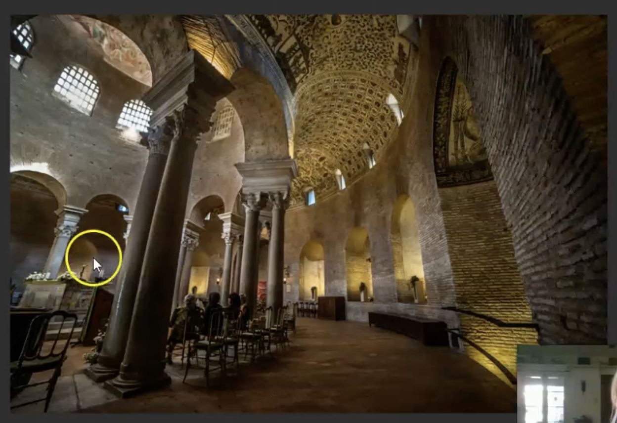 <p>*How the ambulatory looks like:</p><p>-Moving to the ambulatory that encircles that whole space</p><p>-look up and you can see a curved space - continuous or "infinity" barrel vault</p><p>-it's been on the architectural menu of the Roman Empire for quite a while, but what you start to see new is that this focus on not exterior decoration but interior</p><p>-here the craze for decorating in mosaic begins. </p>