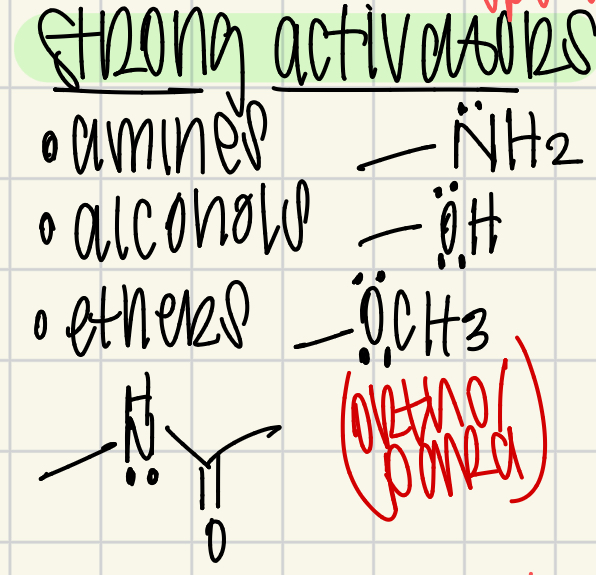 <p>NH<sub>2</sub>, OH, OCH<sub>3</sub> (lone pair atoms)</p><ul><li><p>ortho/para director</p></li><li><p>speed up EAS</p></li><li><p>highest</p></li></ul><p></p>
