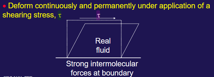 <p>Shear Stress</p><p></p><p><em>The force per </em><strong><em>unit area</em></strong><em> exerted on the fluid by </em><strong><em>the boundary</em></strong><em> and vice versa is the </em><strong><em>shear stress</em></strong>.</p>