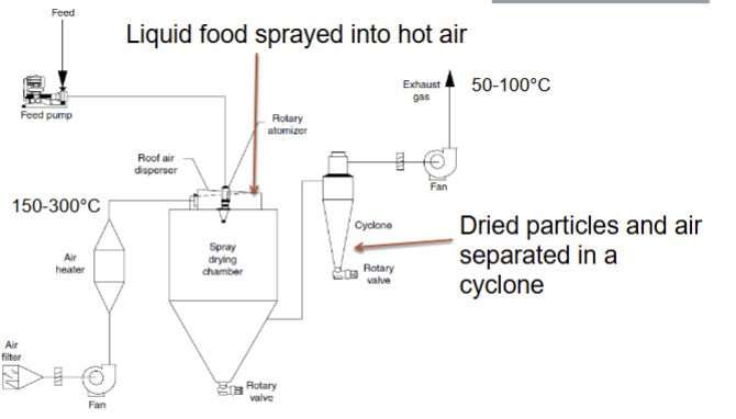 <p>preparation of dry stable additives, instant food powders, functional ingredients and flavours</p><p>co-current, counter-current and mixed mode types</p><ul><li><p>convective heat and mass transfer induced by movement of air</p></li><li><p>high pressure nozzles or centrifugal atomizers used</p></li><li><p>rapid drying due to small size of droplets</p></li><li><p>a range of particle morphologies can be obtained</p></li></ul><p></p>