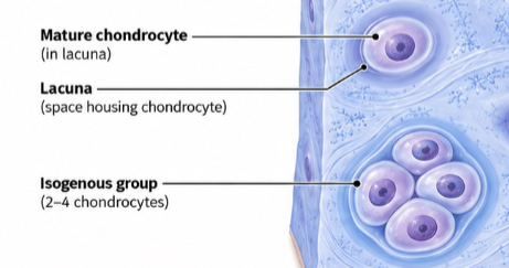 <ul><li><p><strong>Lacuna:</strong> space that houses a chondrocyte</p></li><li><p><strong>Isogenous group:</strong> cluster of about <strong>2–4 chondrocytes</strong></p></li></ul><p></p>