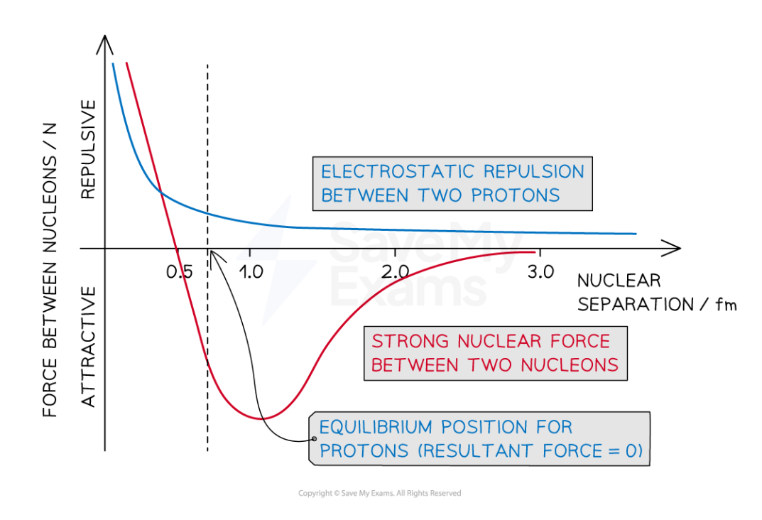 <p><strong>Comparing the Strong and Electromagnetic Forces</strong></p><ul><li><p>The electrostatic force is influenced by charge, whereas the strong nuclear force is not. This means the strength of the strong nuclear force is roughly the same between all types of _______ (i.e. proton-proton, neutron-neutron and proton-neutron)</p></li></ul><ul><li><p>The __________ _____ for protons, where the electrostatic repulsive and strong attractive forces are equal, occurs at a separation of around 0.7 fm</p></li></ul><p></p>