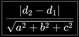 <ol><li><p>Make sure both planes are written in the form</p><p>ax+by+cz+d=0ax+by+cz+d=0</p></li><li><p>Check that the x,y,zx,y,z coefficients are the same.<br><span data-name="check_mark_button" data-type="emoji">✅</span> This confirms the planes are parallel.</p></li><li><p>Subtract the constant terms.</p><p>∣d2−d1∣∣d2−d1∣</p></li><li><p>Find the magnitude of the normal vector.</p><p>a2+b2+c2a2+b2+c2</p></li><li><p>Divide the difference in constants by the magnitude of the normal vector.</p></li><li><p><span data-name="check_mark_button" data-type="emoji">✅</span> This gives the perpendicular distance between the planes.</p></li></ol><p></p>