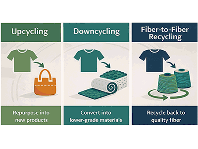 <p>Recycling creates the same or similar product from recycled material (ex. aluminum cans). Downcycling creates a lower-value product from recycled material (ex. tires become rubber mulch or playground surfaces).</p>