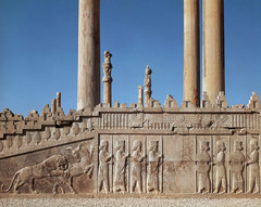 <p>Form:</p><p>-hypostyle hall</p><p>-cut sandstone and mud brick</p><p>-built in a hillside with big platform</p><p>-72 columns (3 portico made of 12 columns)</p><p>Content:</p><p>- relief on the side pictures Darius and Xeres </p><p>-stairs have central relief of king enthroned with attendants</p><p>-reliefs</p><p>Function;</p><p>-used to hold thousands of people (audience hall), king's receptions</p><p>- ascend upwards symbolic</p><p>Context:</p><p>- Persepolis, Iran; Persian influence</p><p>- 520-465 BCE</p><p>-built by Darius and Xeres; destroyed by Alexander the Great</p>