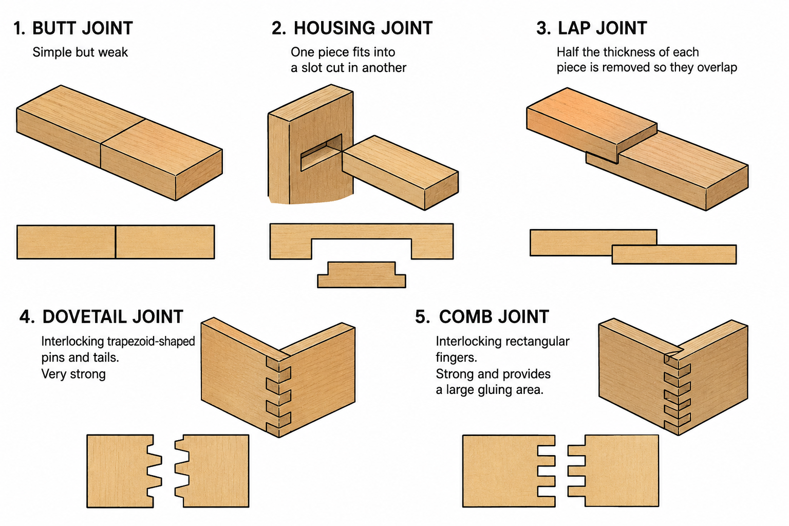 <p>butt - simple but weak</p><p>housing</p><p>lap</p><p>dovetail</p><p>comb</p>