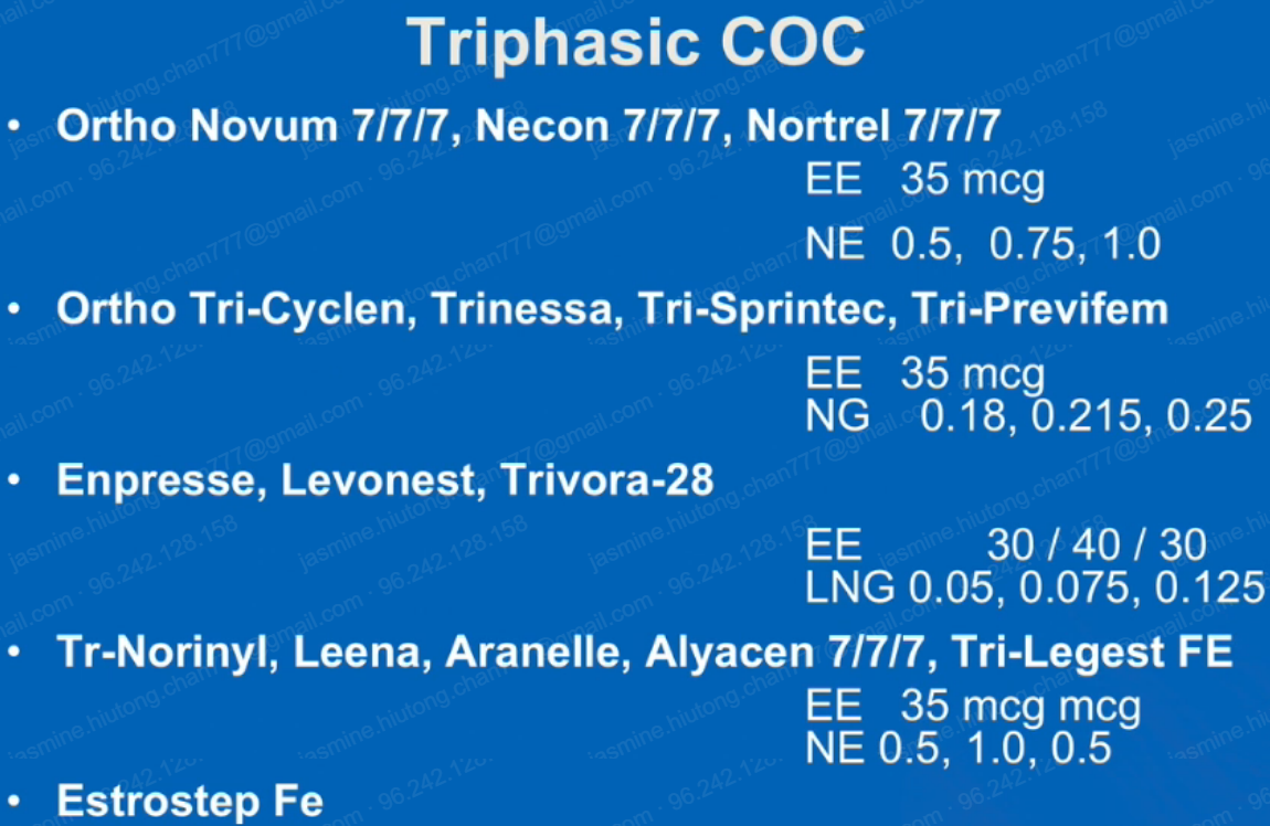 <p>Ortho Tri-Cyclen → <strong>norgestimate </strong>+ EE</p><p>Triphasil 28 → <strong>levonorgestrel </strong>+ EE</p><p>Both <strong>triphasic COC</strong></p><p><em>Note that any COC containing “…7/7/7” or “Tri” are all triphasic</em></p><p><em>Remember Triphasil 28, Lybrel, Seasonique, Quartette → Levonorgestrel + EE</em></p>